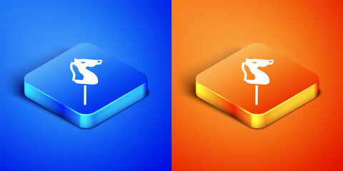 Wall Mural - Isometric Toy horse icon isolated on blue and orange background. Square button. Vector