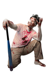 Poster - Scary zombie with blood and wound on his body holding baseball bat standing