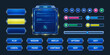 © klyaksun - Game buttons and frames in sci fi style. Design elements, menu and assets for user interface. Vector cartoon set of futuristic game ui elements, bars of health, money and energy, check and cross marks