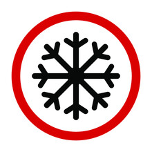 Black Snowflake On White Background, Red Round Sign, Warning Icon, Vector Illustration