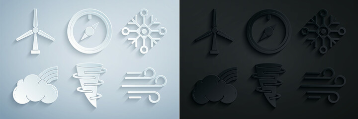 Sticker - Set Tornado, Snowflake, Rainbow with clouds, Wind, rose and turbine icon. Vector