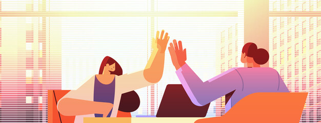 Wall Mural - mix race businesspeople giving high five successful teamwork agreement concept office interior