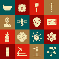 Wall Mural - Set Molecule, Atom, Computer monitor with cardiogram, Magnifying glass, Satellite, Scientist, Mortar and pestle and Extraterrestrial alien face icon. Vector