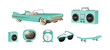 Set of realistic 3d design objects, blue convertible car, retro tape recorder, modern sun goggles, vintage TV, sports skateboard, music column, alarm clock. Vector illustration