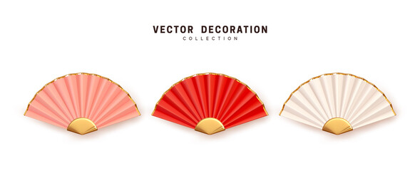 Chinese and Japanese traditional fan paper and bamboo realistic 3d design, collection in three colors pink, white and red. Set is isolated on white background. Vector illustration