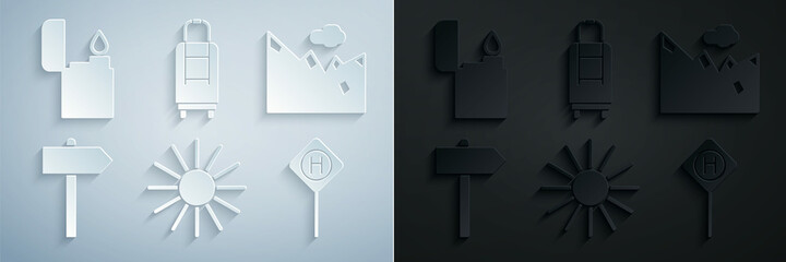 Poster - Set Sun, Mountains, Road traffic signpost, Parking, Suitcase and Lighter icon. Vector