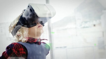Wall Mural - animation of data processing and social media icons over caucasian boy wearing vr headset