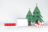 Fototapeta Panele - White podium for displaying products for 2020 calendar, and Christmas trees. with gift box