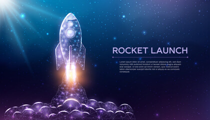 Wall Mural - rocket launch, wireframe polygonal style. internet technology network, business startup concept with
