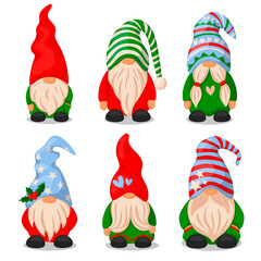 set of cute christmas santa gnome elf illustration in cartoon style