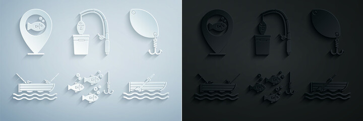 Poster - Set Fishing hook under water with fish, spoon, boat fishing rod, oars, and and Location icon. Vector