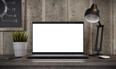 Wall Mural - laptop pc with blank screen on wooden table in home loft interior - mockup template