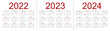 © craftswoman - Simple editable vector calendars for year 2022 2023 2024. Week starts from Sunday. Isolated vector illustration on white background.
