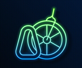 Sticker - Glowing neon line Bicycle parking icon isolated on blue background. Vector