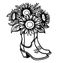 Cowboy Boots With Sunflowers Bouquet Decoration. Cowgirl Boots Vector Illustration Country Wedding Decor
  Isolated On White For Print