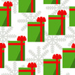 © SunnyColoring - Gift boxes seamless pattern, green boxes with red ribbons and snowflakes on a white background