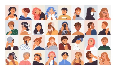 People avatars set. Modern head portraits of diverse men, women, girl and boy faces with expressive emotions, different facial expressions, moods and characters. Colored flat vector illustrations