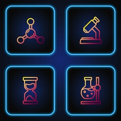 Poster - Set line Test tube flask on stand, Old hourglass, Molecule and Microscope. Gradient color icons. Vector