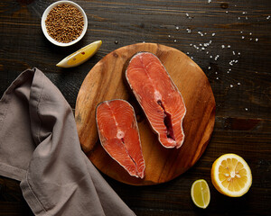 Overhead view of two steak of salmon fish