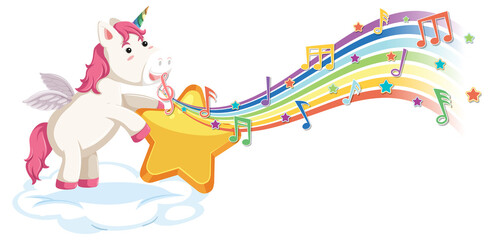 Sticker - Cute unicorn holding star with melody symbols on rainbow