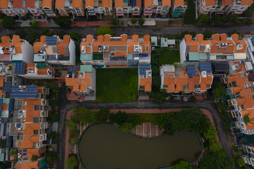 Top down aerial view Villa housing developments with landscaping in district seven Saigon, Ho Chi Minh City, Vietnam.