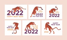 Happy New Year Postcards Designs With Chinese Tiger, 2022 Zodiac Symbol. Square And Horizontal Post Cards Set With Oriental Asian Wild Animal, Striped Mascot. Colored Flat Graphic Vector Illustrations