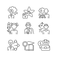 Sticker - Vocation linear icons set. Professional and educational abilities. Networking, entrepreneurship talent. Customizable thin line contour symbols. Isolated vector outline illustrations. Editable stroke