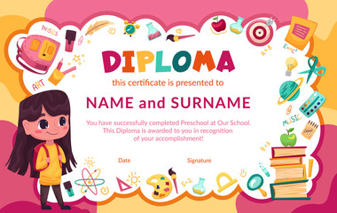 Colorful school and preschool diploma certificate for kids and children in kindergarten or primary grades with school pack, kit. Vector cartoon flat illustration