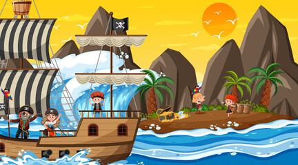 Wall Mural - Treasure Island scene at sunset time with Pirate kids