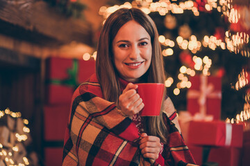 Wall Mural - Photo of positive sweet mature lady wear red pullover smiling enjoying christmas beverage indoors house home room