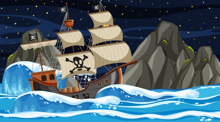 Wall Mural - Ocean with Pirate ship at night scene in cartoon style