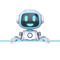 Cute blue robot holding blank white board 3D