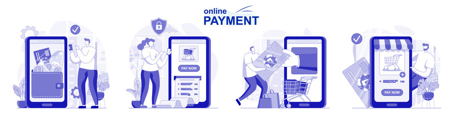 Aufkleber - Online payment isolated set in flat design. People making banking transactions using applications, collection of scenes. Vector illustration for blogging, website, mobile app, promotional materials.