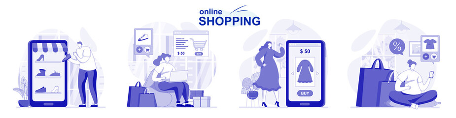 Poster - Online shopping isolated set in flat design. People choose clothes and pay for purchases on site, collection of scenes. Vector illustration for blogging, website, mobile app, promotional materials.
