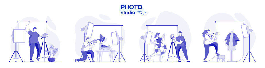Poster - photo studio isolated set in flat design. people take photos on professional camera with lights, col