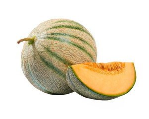 Wall Mural - whole and half cantaloupe melon isolated on the white background.