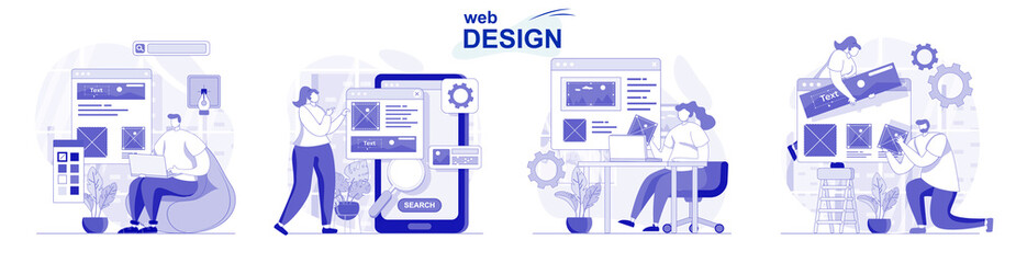 Leinwandbilder - Web design isolated set in flat design. People create and place graphic elements at site layout, collection of scenes. Vector illustration for blogging, website, mobile app, promotional materials.