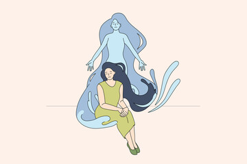 spiritual female body releasing and meditation therapy . vector concept illustration of spirit separ