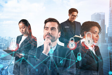 Wall Mural - Group of business colleagues as a part of multinational corporate team working on project to protect clients information at cybersecurity compliance division. IT lock icons over Singapore