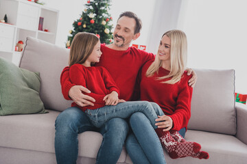 Wall Mural - Portrait of attractive cheerful family wife husband sitting on sofa spending festal vacation newyear at light home indoors