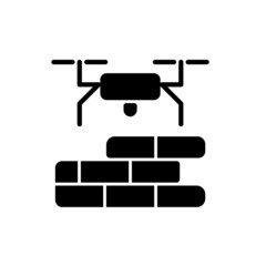 Sticker - Drones for construction black glyph icon. Innovative construction technologies. Improving safety conditions. Identify potential problems. Silhouette symbol on white space. Vector isolated illustration