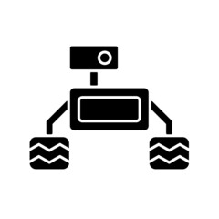 Sticker - Space exploration robot black glyph icon. Collecting sample for examination. Robotic vehicle. Perform actions in space. Autonomous robot. Silhouette symbol on white space. Vector isolated illustration