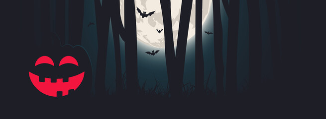 Wall Mural - Halloween night banner with full moon, pumpkin and forest. Vector design