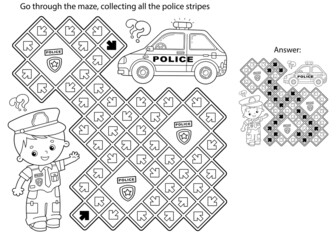 Wall Mural - Maze or Labyrinth Game. Puzzle. Coloring Page Outline Of cartoon policeman with car. Profession - police. Coloring book for kids.