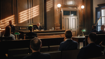 Wall Mural - Court of Justice Trial: Impartial Judge is Sitting, Public Stands. Supreme Federal Court Judge Starts Civil Case Hearing. Sentencing Law Offender.