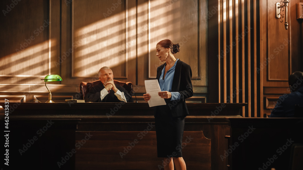 Court of Justice and Law Trial: Successful Female Public Defender Presenting the Case, Making Passionate Speech to Judge, Jury. Attorney Lawyer Protecting Client with Closing Not Guilty Arguments.