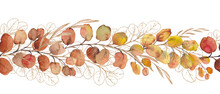 Seamless Border With Eucalyptus Leaves And Branches. Watercolor And Gold Line Illustration Isolated On White Background.