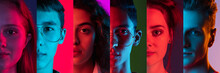 Cropped Portraits Of Group Of Multiethnic People On Multicolored Background In Neon Light. Collage Made Of 6 Models
