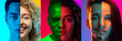 Cropped portraits of group of multiethnic people on multicolored background in neon light. Collage made of 6 models