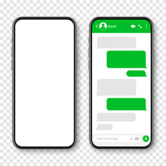 Realistic smartphone with messaging app. Blank SMS text frame. Conversation chat screen with green message bubbles. Social media application. Vector illustration.